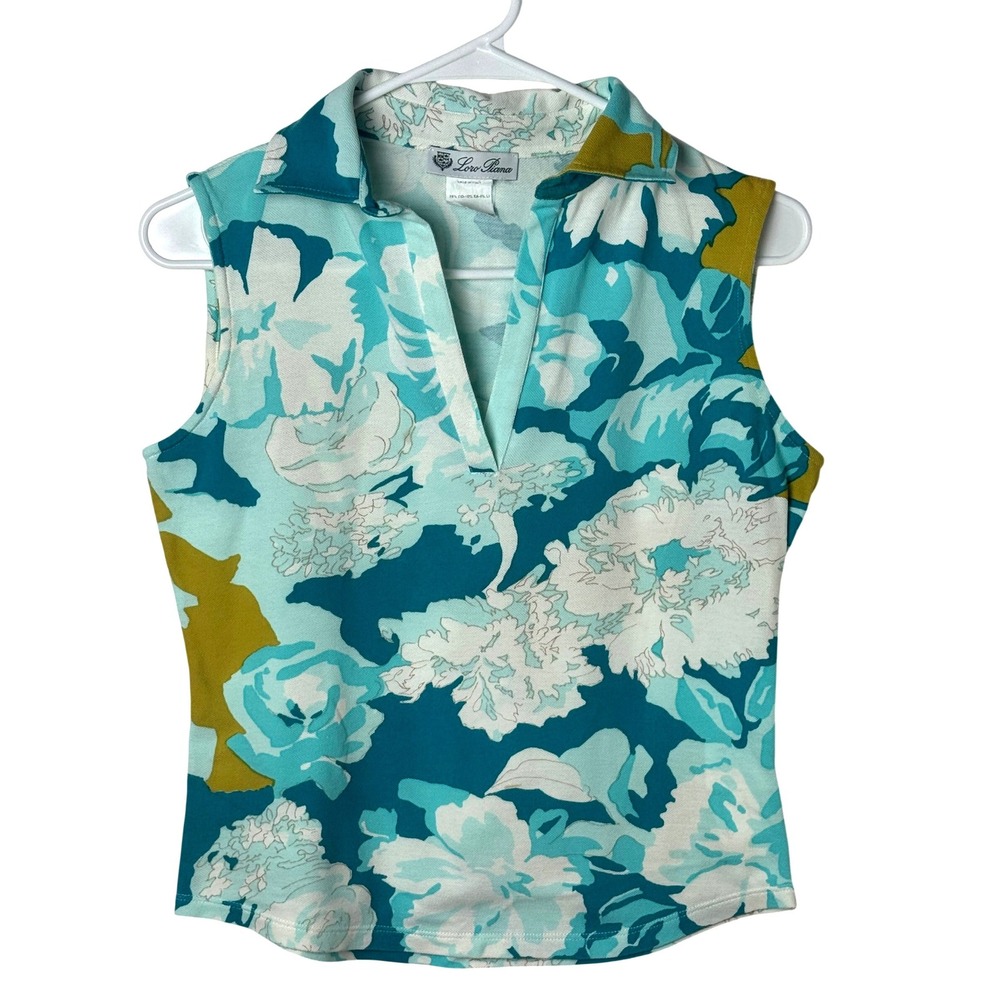 Loro Piana Sleeveless Polo Women 42 Small Blue Floral V-Neck Cotton Pique Italy